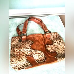 Leather Rock handbag/purse Elegant Brown Crocodile Pattern Shoulder Bag like new